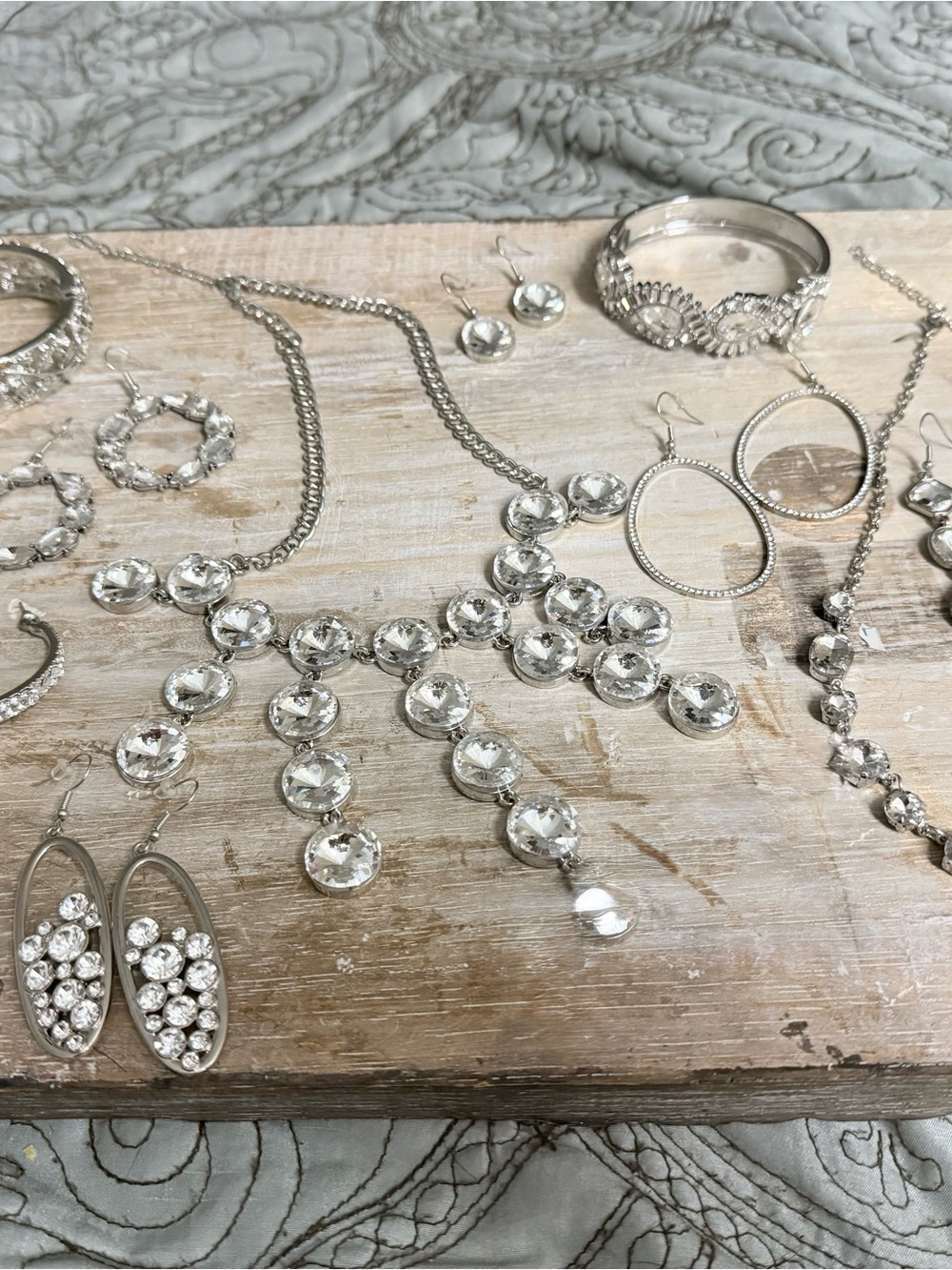 Silver Crystal Statement Necklace and Earring Set - Women Jewelry